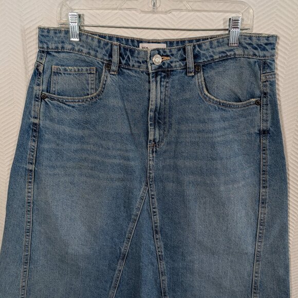 ZARA Blue Denim Maxi Skirt A-Line Size XL - Picture 4 of 7